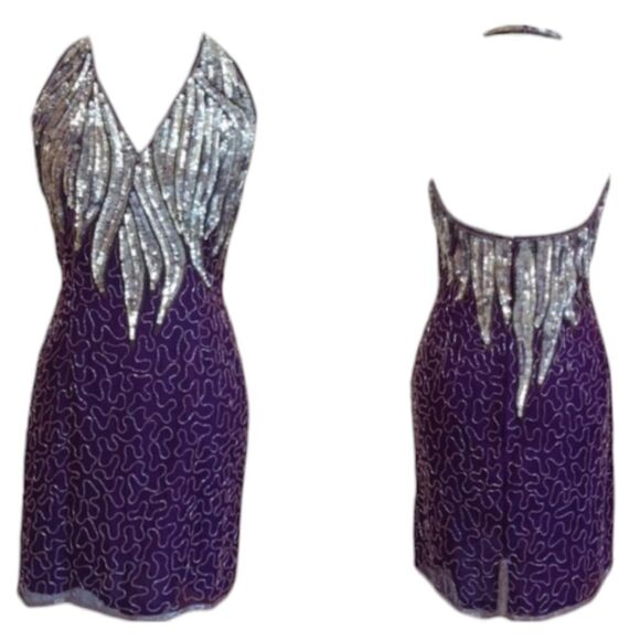 Carina Purple Silk beaded halter minidress halter top sparkle purple silver S - Picture 1 of 15